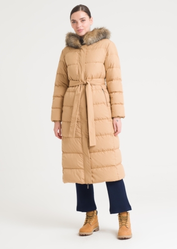 Kapşonu - Kemerli Kaz Tüylü Şişme Kaban