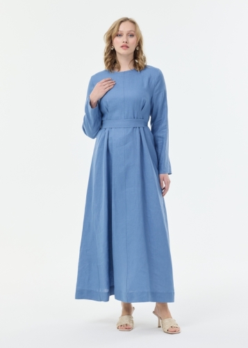 فستان كتان بطيات أمامية