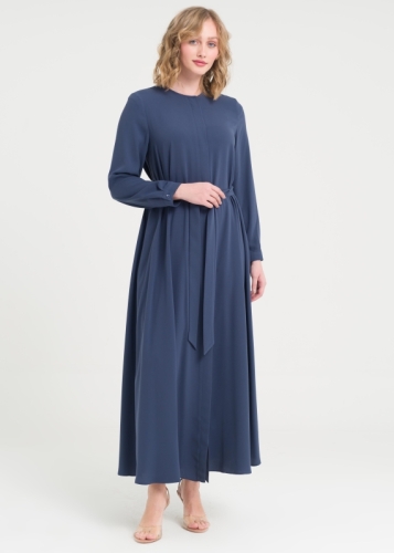 معطف طويل بياقة دائرية وحزام